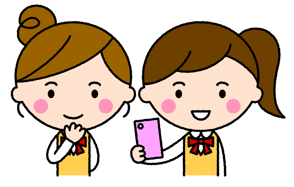 スマフォを共有する女子学生｜無料イラスト