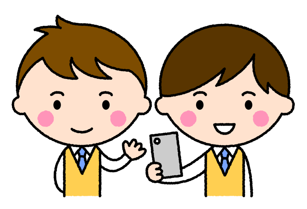 スマフォを共有する男子学生｜無料イラスト